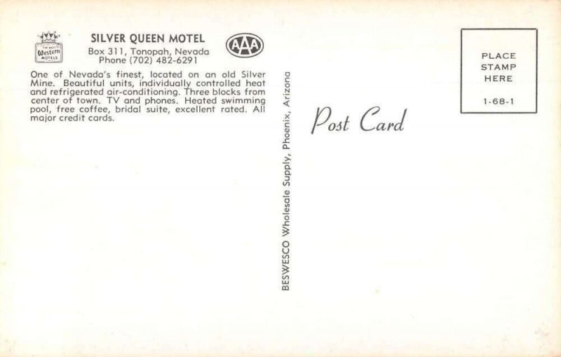 Tonopah Nevada Silver Queen Motel Vintage Postcard AA22265