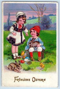 c1910's Easter Children With Bunny Rabbit Eggs Chick Gel Gold Gilt Postcard