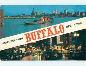 Pre-1980 OLD CARS & SHOPS LIT UP AT NIGHT Buffalo New York NY t5237