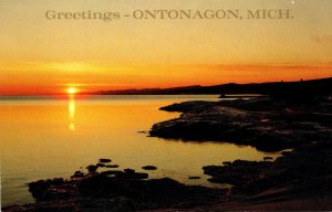 Michigan Ontonagon Greetings With Sunset On The Frozen Lake Shore