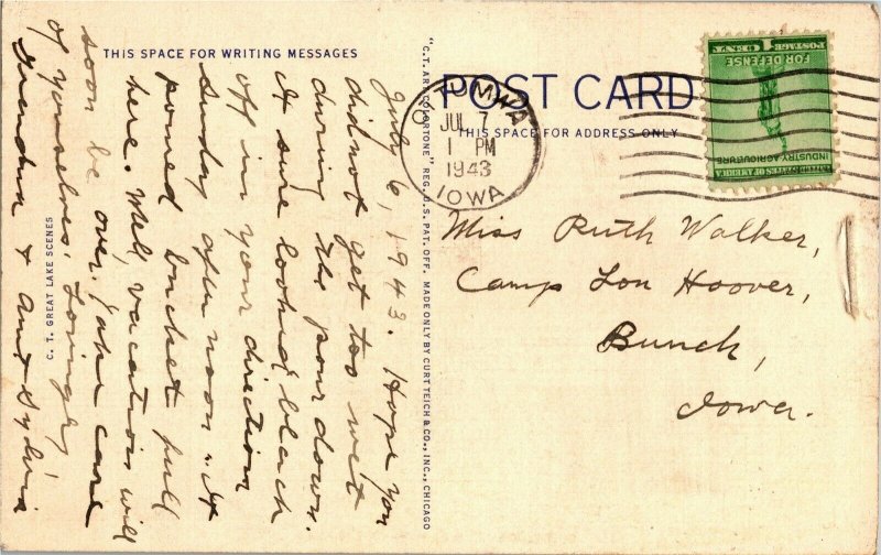 Canoeing, Greetings from Lake Wapello IA Vintage Linen Postcard C39