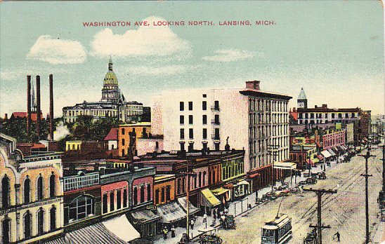 Trolley On Washington Street Looking North Lansing Michigan 1910