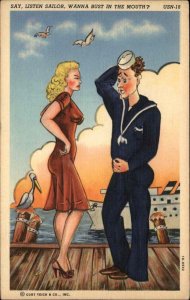 Curt Teich Navy Comics Sailor & Sexy Woman GREAT GRAPHIC Linen Postcard USN16