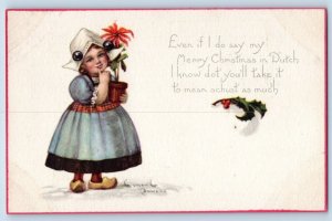 Signed Artist Postcard Christmas Dutch Girl With Poinsettia Flower Berries 1917