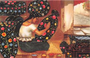 MEXICO~URUAPAN LACQUER~WOMAN PAINTING LOCAL POTTERY~SANCHEZ PUB POSTCARD 1940s