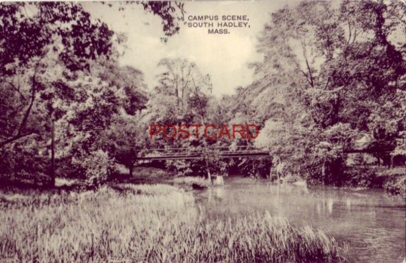 CAMPUS SCENE, SOUTH HADLEY, MASS. bridge over lake