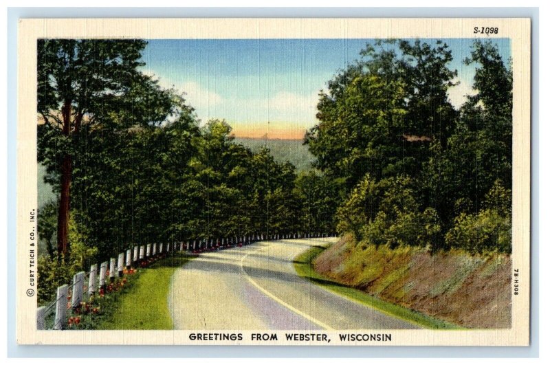 c1930's Greetings From Webster Wisconsin WI, Curve Road View Vintage Postcard