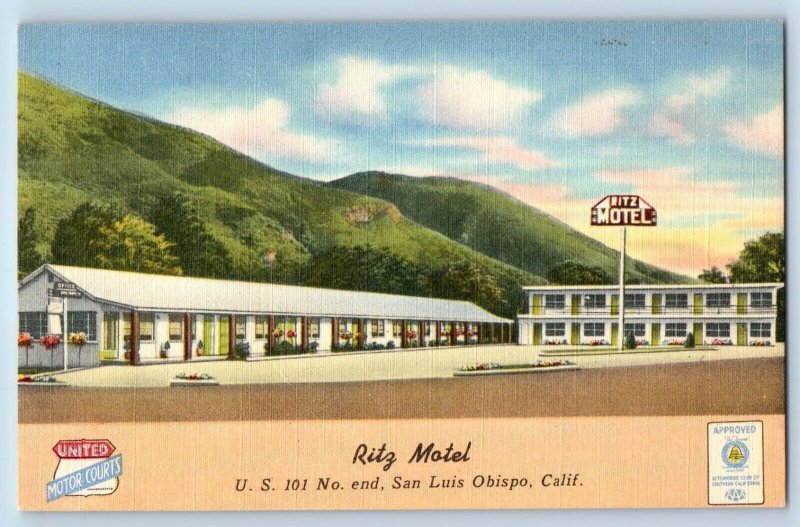 San Luis Obispo California CA Postcard Ritz Motel Exterior Building 1954 Vintage