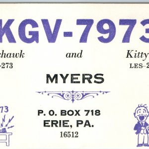 c1970s Erie, PA Comic Radio Operator Art QSL CB Radio Card Myers Cartoon Fun A67