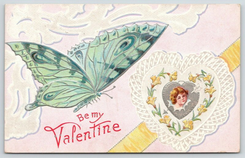 Valentine~Teal Green Butterfly~Heart Girl~Lace Doily~Silver Filigree~Emboss~NASH 