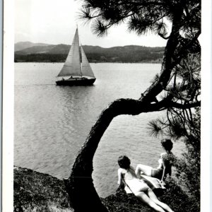 c1950s Coeur d'Alene Lake ID RPPC Sailboating Swimsuit Girls Dam Real Photo A130