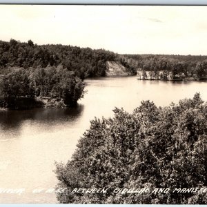 c1940s Manistee & Cadillac, Mich RPPC River Birds Eye Real Photo A129