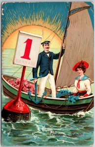 Buon Anno Genna 10 Couple Boating Sunrise Background Postcard