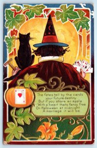Halloween Postcard Witch Black Cat Pumpkin Vintage