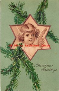 Christmas, PFB No 7840-2, Angel in Star Frame Hanging on Pine Tree Branch