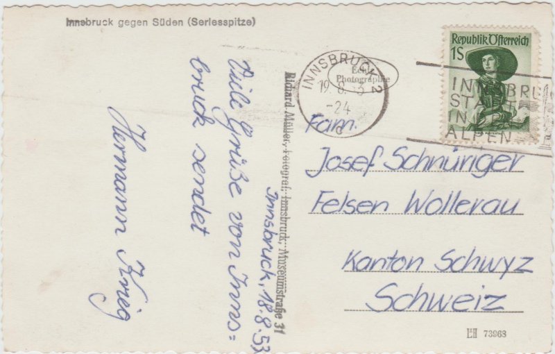 Vintage Postcard Austria Innsbruck Tirol 1953