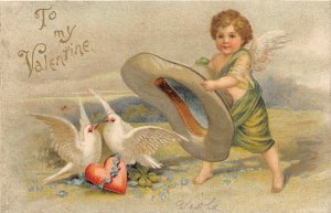 F78/ Valentine's Day Love Holiday Postcard c1910 Cupid Doves Hat 5