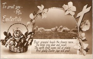 Sheeps resting. Flowers. Easter Message  Nice vintage English Easter postcard