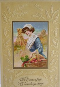 Peaceful Thanksgiving Postcard John Winsch Back Wheat Embossed Border Nice