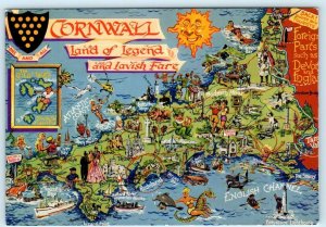 CORNWALL, England UK ~ Land of Legend ILLUSTRATED MAP Pictorial  4x6 Postcard