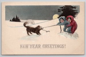 New Year Greetings Children Moon Dog Postcard O23