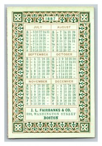 Vintage 1887 Victorian Calendar Card J.L. Fairbanks & Co. Boston Massachusetts