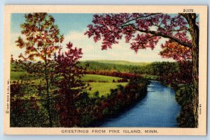 Pine Island Minnesota MN Postcard Greetings Scenic View River Trees 1940 Vintage