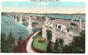 Vintage Postcard 1930's Bridge To Belle Isle Detroit Michigan United News Co. 