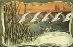 Beautiful Art Deco Mallard Ducks Pond Grass Sunset Emile Storch c1900 Postcard