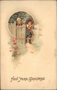 New Year's Children Garden c1900s-10s Postcard