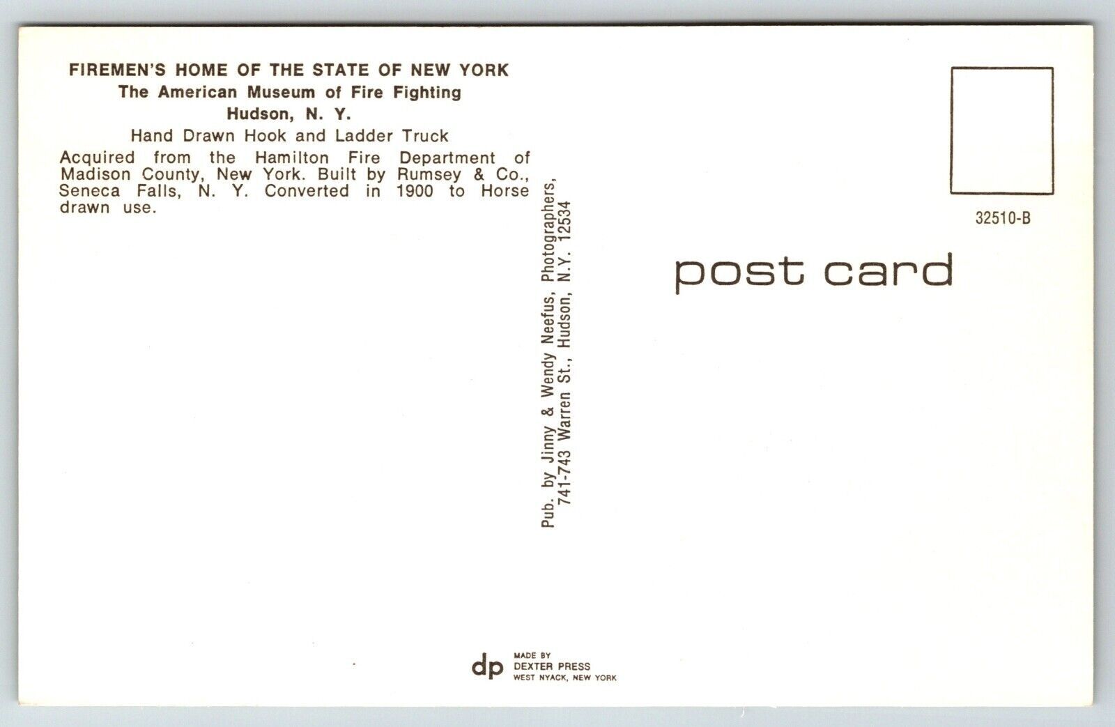 Fire Truck Engine Fireman Postcard Firemen's Home New York Hudson United States New