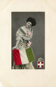 Hand Colored RPPC Postcard Beautiful Woman w/ Italian Flag, Swiss Emblem