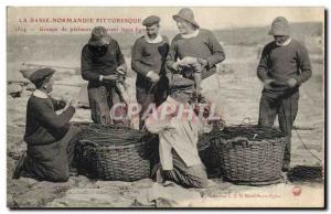 Old Postcard Folklore Normandy fishermen group preparing their fishing lines