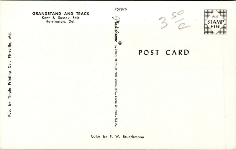 Vtg Kent & Sussex Fair Grandstand & Track Harrington Delaware DE Unused Postcard