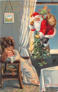 H95/ Santa Claus Christmas Postcard c1910 Window Girl Tree Sleep 57