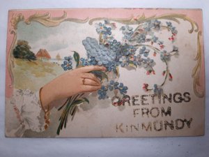 Postcard floral IL Kinmundy - woman's hand holding forget-me-nots