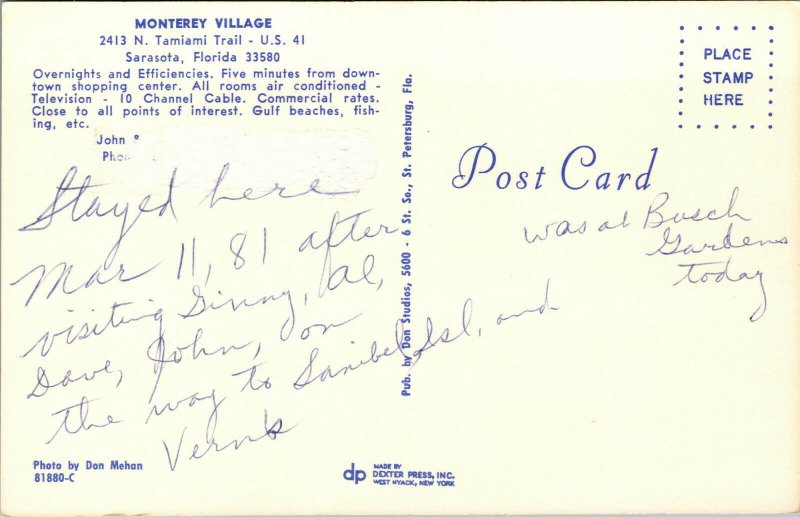 Vtg 1980s Monterey Village Motel Sarasota Florida FL Roadside Postcard ...