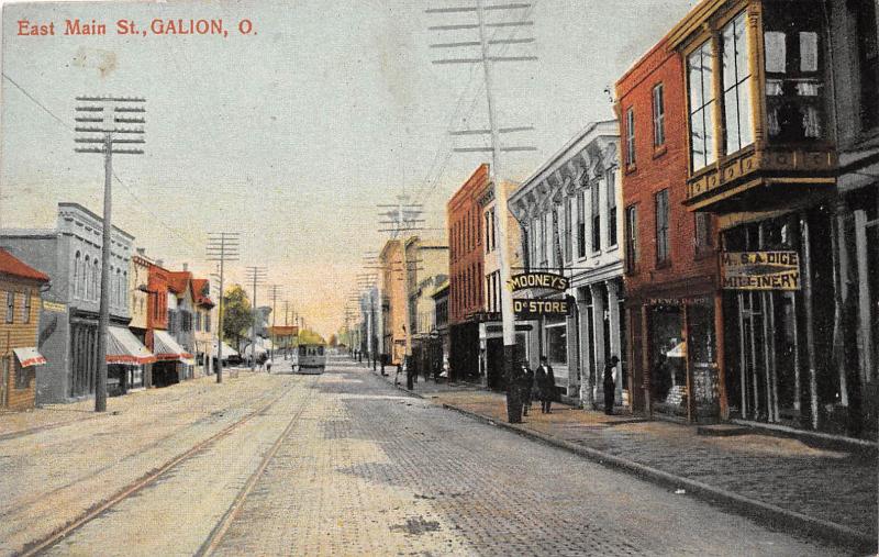 A76/ Galion Ohio Postcard c1910 East Main St Millinery Mooney's Store Trolley