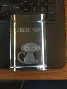 Vintage HSBC Bank Monkey Advertising Glass Crystal Paperweight w/ original box