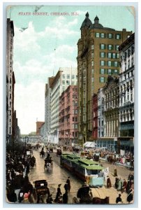 1908 State Street Crowd Downtown Trolley Horse Carriage Chicago Illinois Postcar