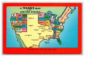 Comic Texan's Map Of the United States Texas TX UNP Chrome Postcard M20