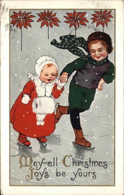 Whitney Christmas Little Boy and Girl Ice Skating c1910 Vintage Postcard