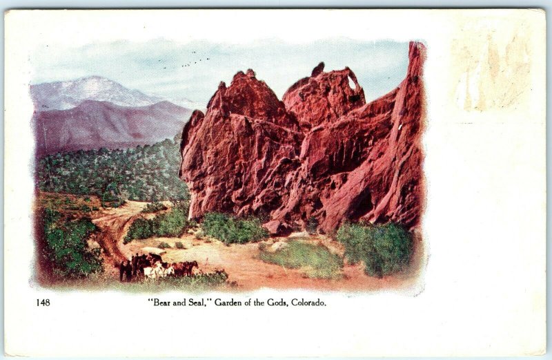 1909 Garden of Gods, Colorado Bear & Seal Landmark Litho Photo Postcard A33