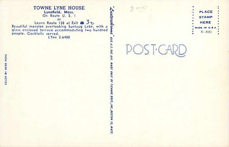 Towne Lyne House, Lynnfield, Massachusetts, MA Pre-Zip Code Chrome  Postcard