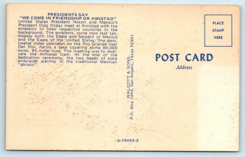 AMISTAD DAM Dedication PRESIDENT NIXON & Mexican PRESIDENT ORDAZ 1969 Postcard