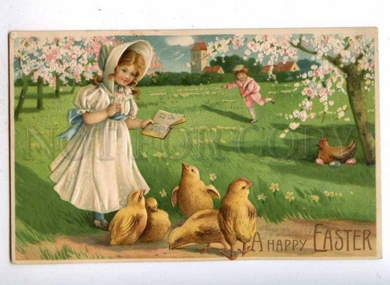 187174 EASTER Girl ALPHABET Chickens Vintage EMBOSSED PC