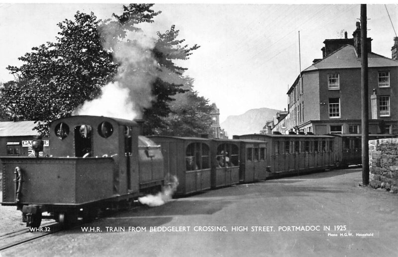 L373 Steam train from Beddgelert Crossing High street Portmadoc RPPC postcard