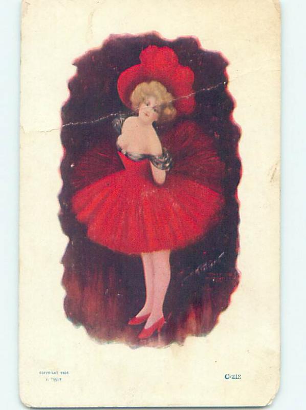 Bent Pre-1907 risque PRETTY GIRL WEARING LOW-CUT RED DRESS HJ3051