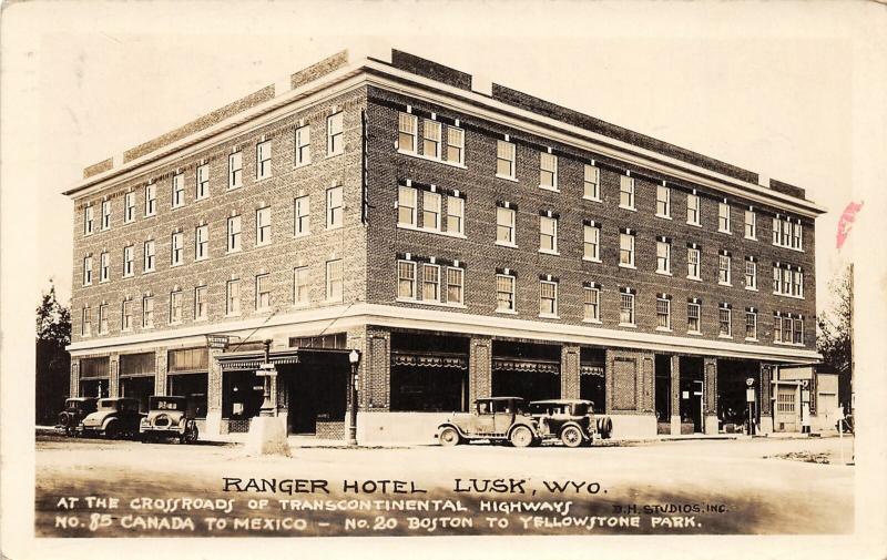 F36/ Lusk Wyoming Postcard RPPC 1932 Ranger Hotel Automobiles