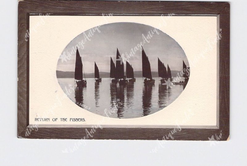 RPPC REAL PHOTO POSTCARD RETURN OF THE FISHERS SAIL BOATS ROTOGRAPH OPALETTE SER